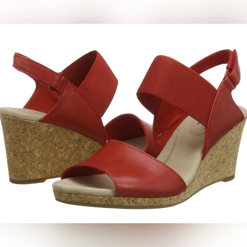 CLARKS • Chic! Red ♥️ Leather & Textile Comfy Cork Wedges
